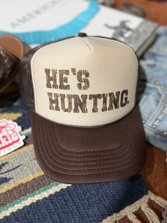 He's Hunting Trucker HatBrown & Tan