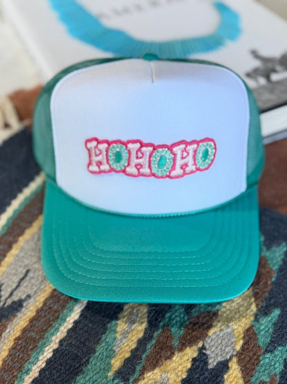 Ho Ho Ho Christmas Glitter Patch Trucker HatTeal & White