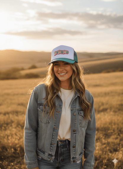 Ho Ho Ho Christmas Glitter Patch Trucker HatTeal & White
