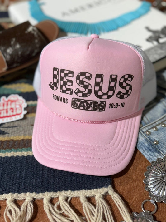Jesus Saves Trucker HatPink & White