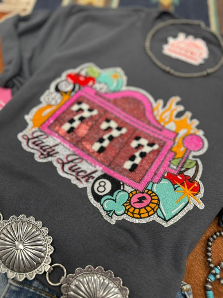 Lady Luck Slot Machine Sequin Patch TeeHeather Charcoal GreyS