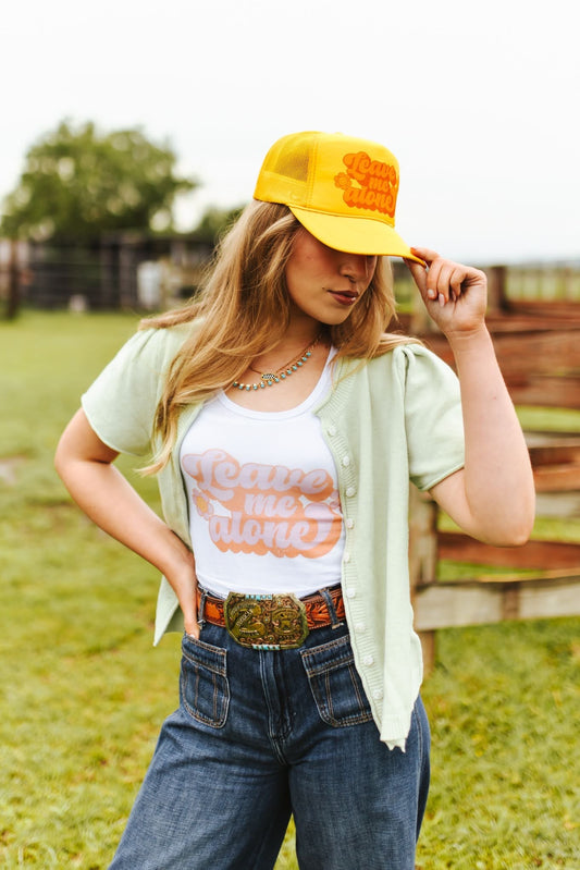 Leave Me Alone Retro Flower Trucker HatGold