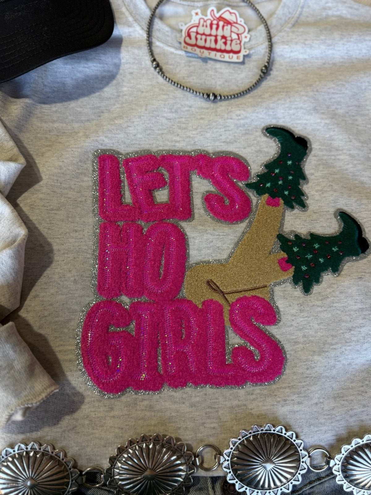Let's Ho Girls Christmas Glitter Embroidered Patch SweatshirtOatmealS