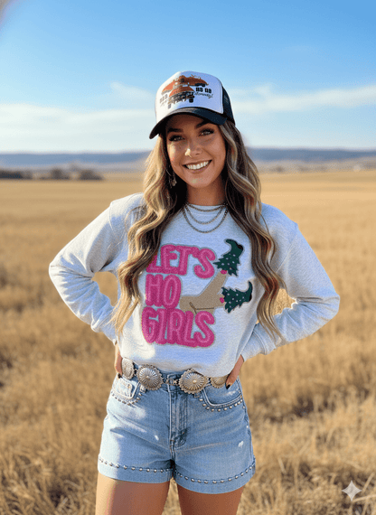 Let's Ho Girls Christmas Glitter Embroidered Patch SweatshirtOatmealS
