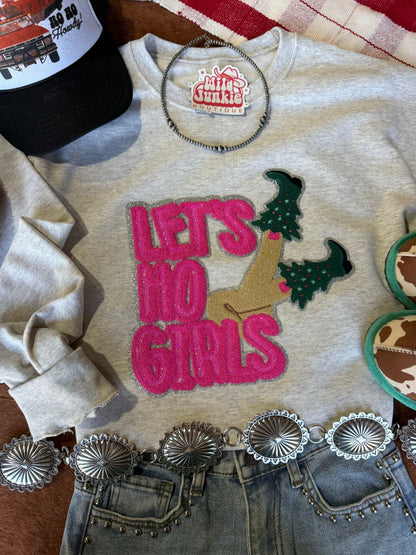 Let's Ho Girls Christmas Glitter Embroidered Patch SweatshirtOatmealS