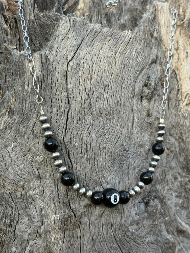 Lucky 8 Ball Onyx & Silver Beaded Chain Necklace