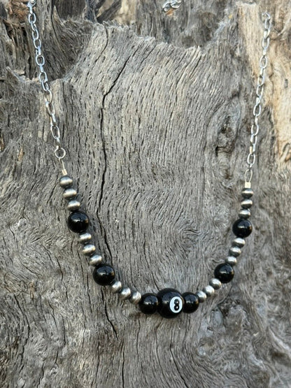 Lucky 8 Ball Onyx & Silver Beaded Chain Necklace