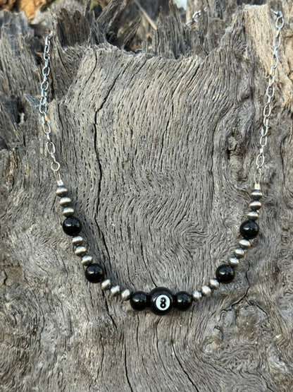 Lucky 8 Ball Onyx & Silver Beaded Chain Necklace