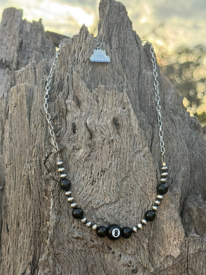 Lucky 8 Ball Onyx & Silver Beaded Chain Necklace