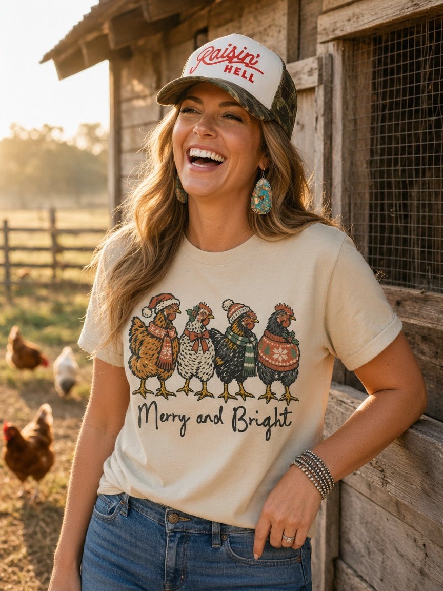 Merry And Bright Christmas Chickens Graphic TeeCementS