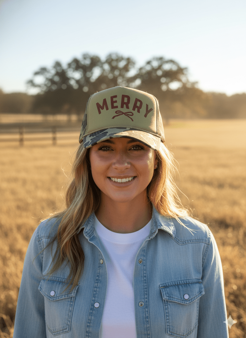 Merry Christmas Bow Camo Trucker HatLight Camo