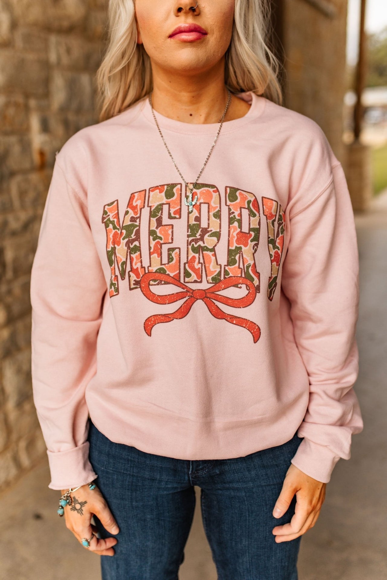 Merry Christmas Camo Print SweatshirtBlush PinkS