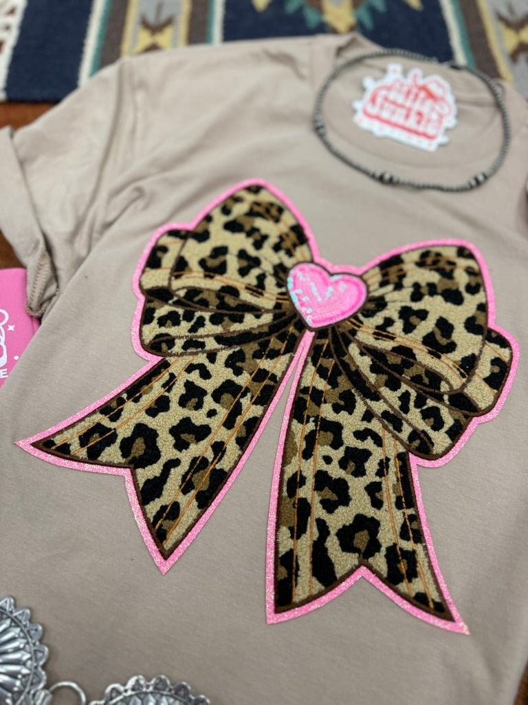Pink Heart Leopard Sequin Bow Patch TeeTanS