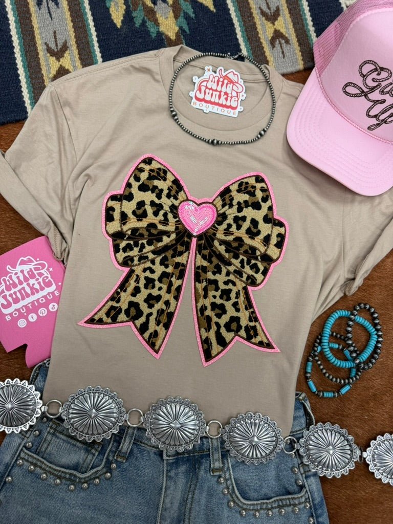 Pink Heart Leopard Sequin Bow Patch TeeTanS