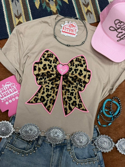 Pink Heart Leopard Sequin Bow Patch TeeTanS