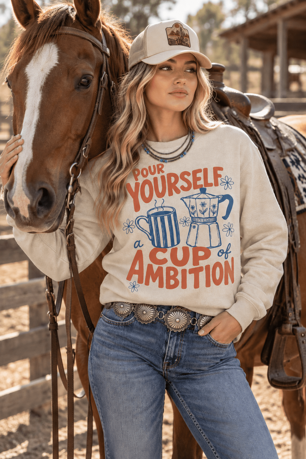 Pour Yourself A Cup of Ambition Graphic Sweatshirt in Sand