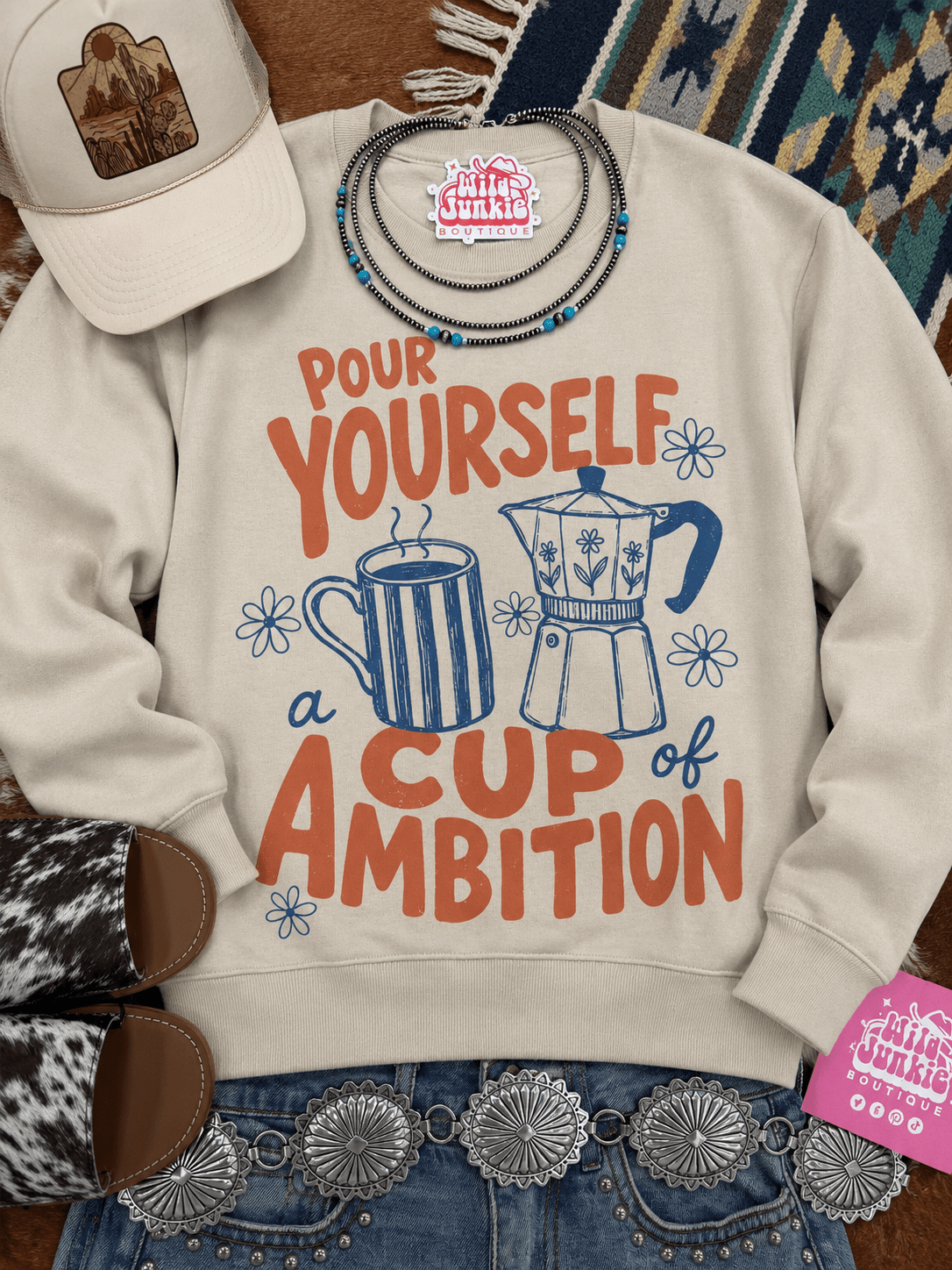 Pour Yourself A Cup of Ambition Graphic Sweatshirt in Sand