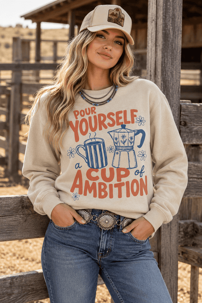 Pour Yourself A Cup of Ambition Graphic Sweatshirt in Sand