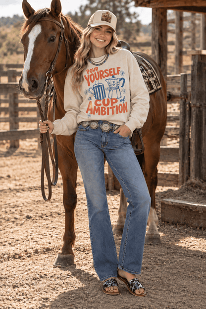 Pour Yourself A Cup of Ambition Graphic Sweatshirt in Sand
