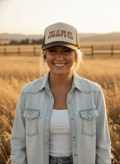 Put It On My Cowboy's Tab Trucker HatBrown & Tan