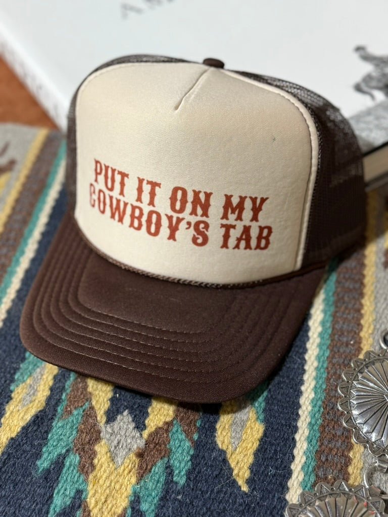 Put It On My Cowboy's Tab Trucker HatBrown & Tan