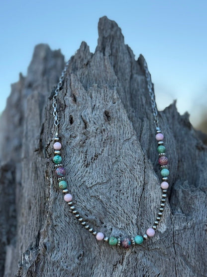 Queen Conch and Round Turquoise Mosaic Beaded Necklace