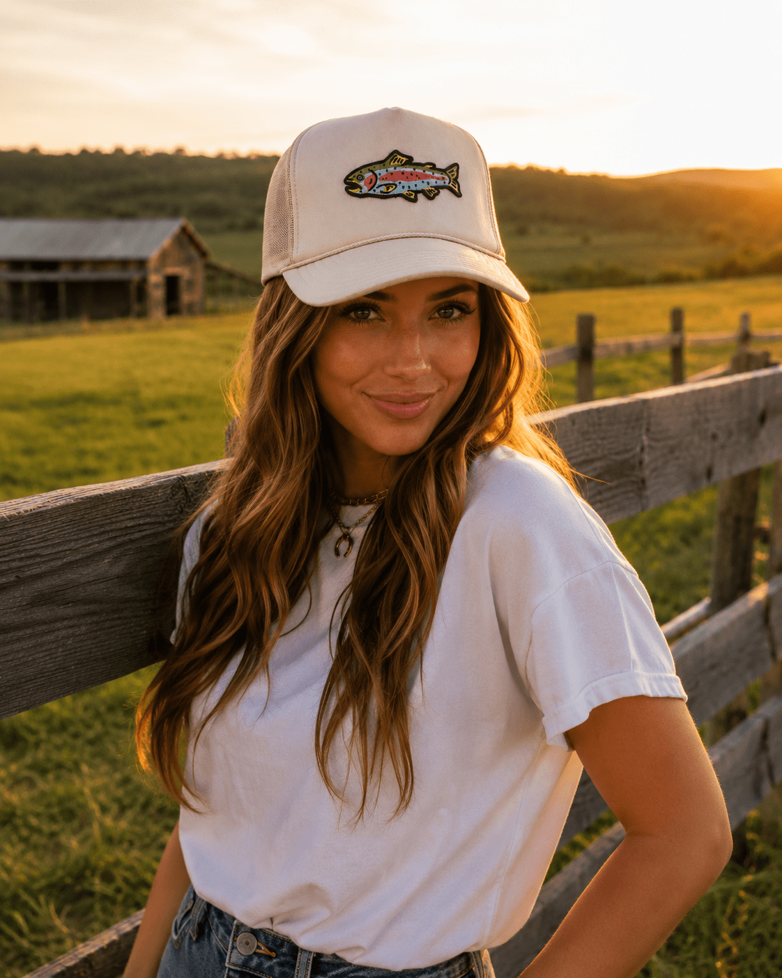 Rainbow Trout Patch Trucker HatTan