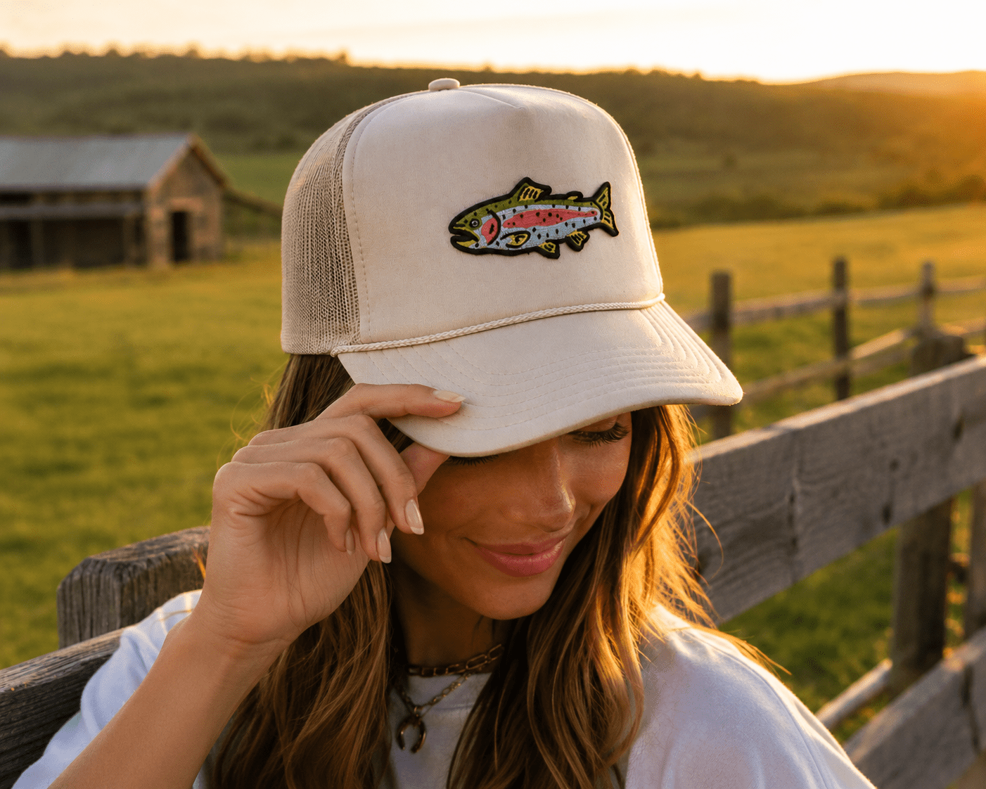 Rainbow Trout Patch Trucker HatTan