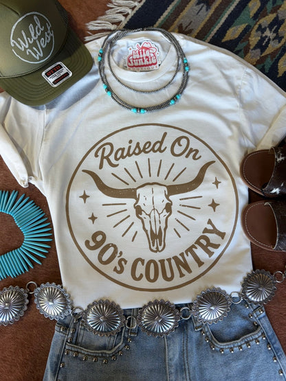 Raised On 90's Country Steer Skull Graphic TeeNaturalS