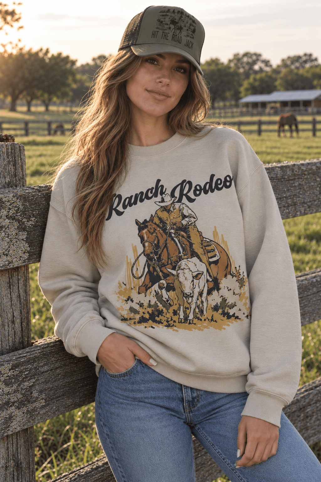 Ranch Rodeo Cowboy Roping Graphic Sweatshirt in Sand