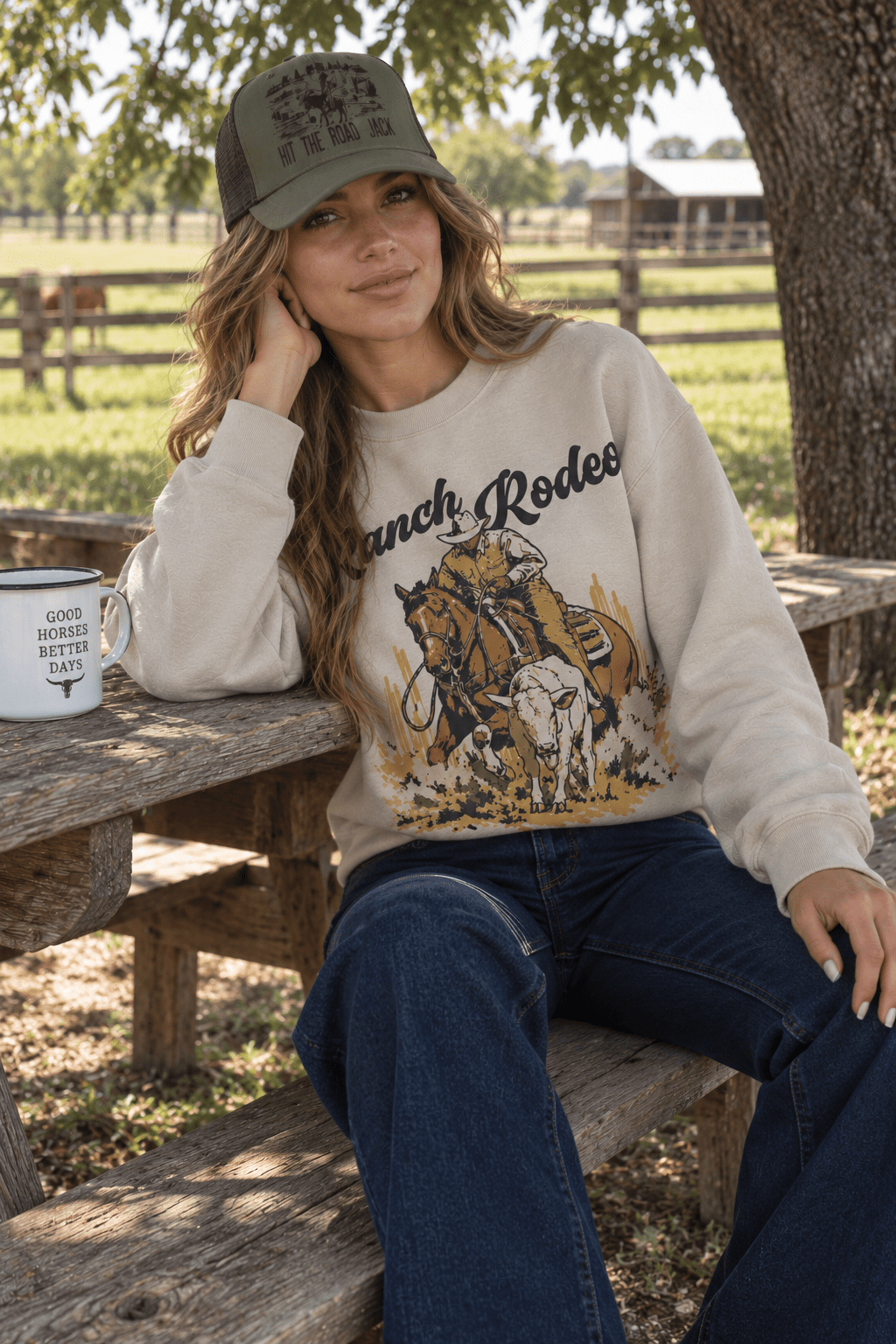 Ranch Rodeo Cowboy Roping Graphic Sweatshirt in Sand