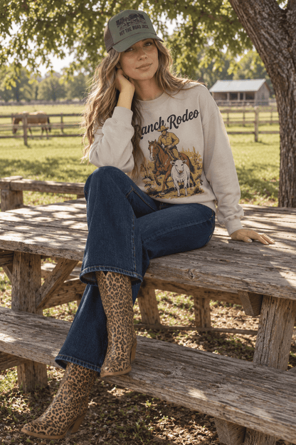 Ranch Rodeo Cowboy Roping Graphic Sweatshirt in Sand
