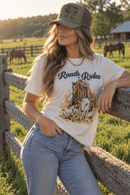 Ranch Rodeo Cowboy Roping Graphic Tee in Cement