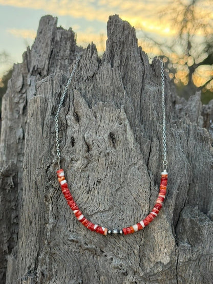 Red Spiny Heishi Beaded Chain Necklace