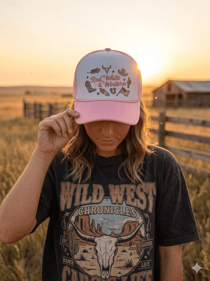 Red, White & Western Trucker HatPink & White
