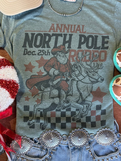 Reindeer North Pole Rodeo Graphic TeeHeather Military GreenS