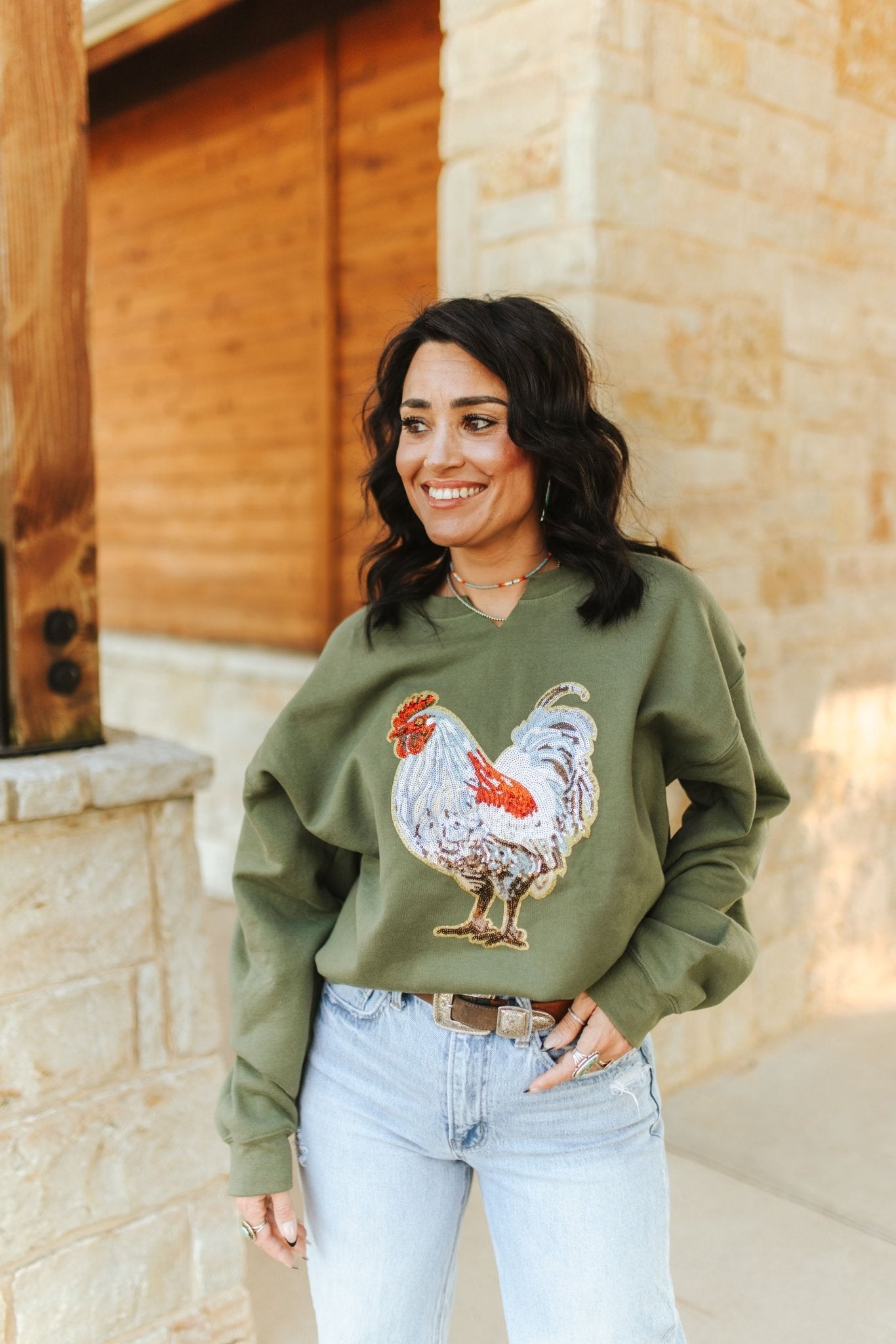 Rooster Sequin V - neck Graphic SweatshirtDark GreenS