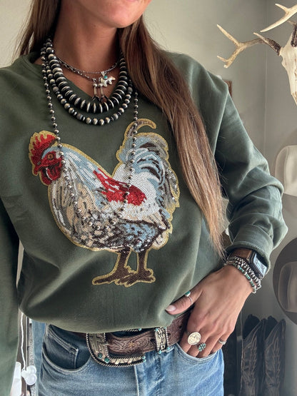 Rooster Sequin V - neck Graphic SweatshirtDark GreenS