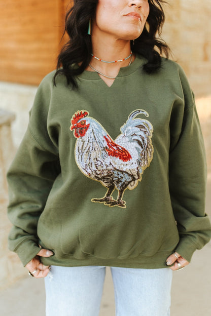 Rooster Sequin V - neck Graphic SweatshirtDark GreenS