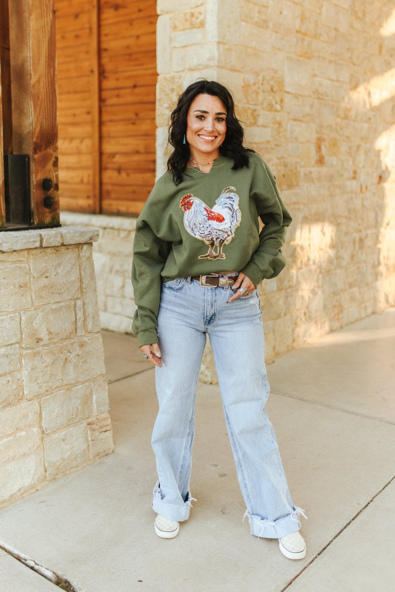 Rooster Sequin V - neck Graphic SweatshirtDark GreenS