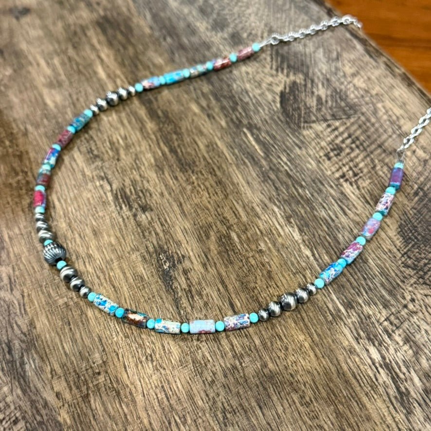 Corrugated Silver Pearl and Jasper Barrel Bead Necklace
