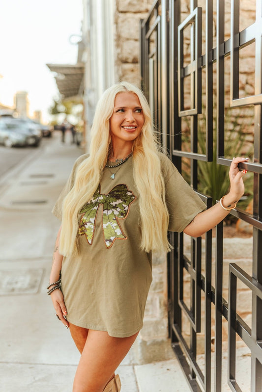 Sequin Camo Bow Graphic TeeOlive GreenS