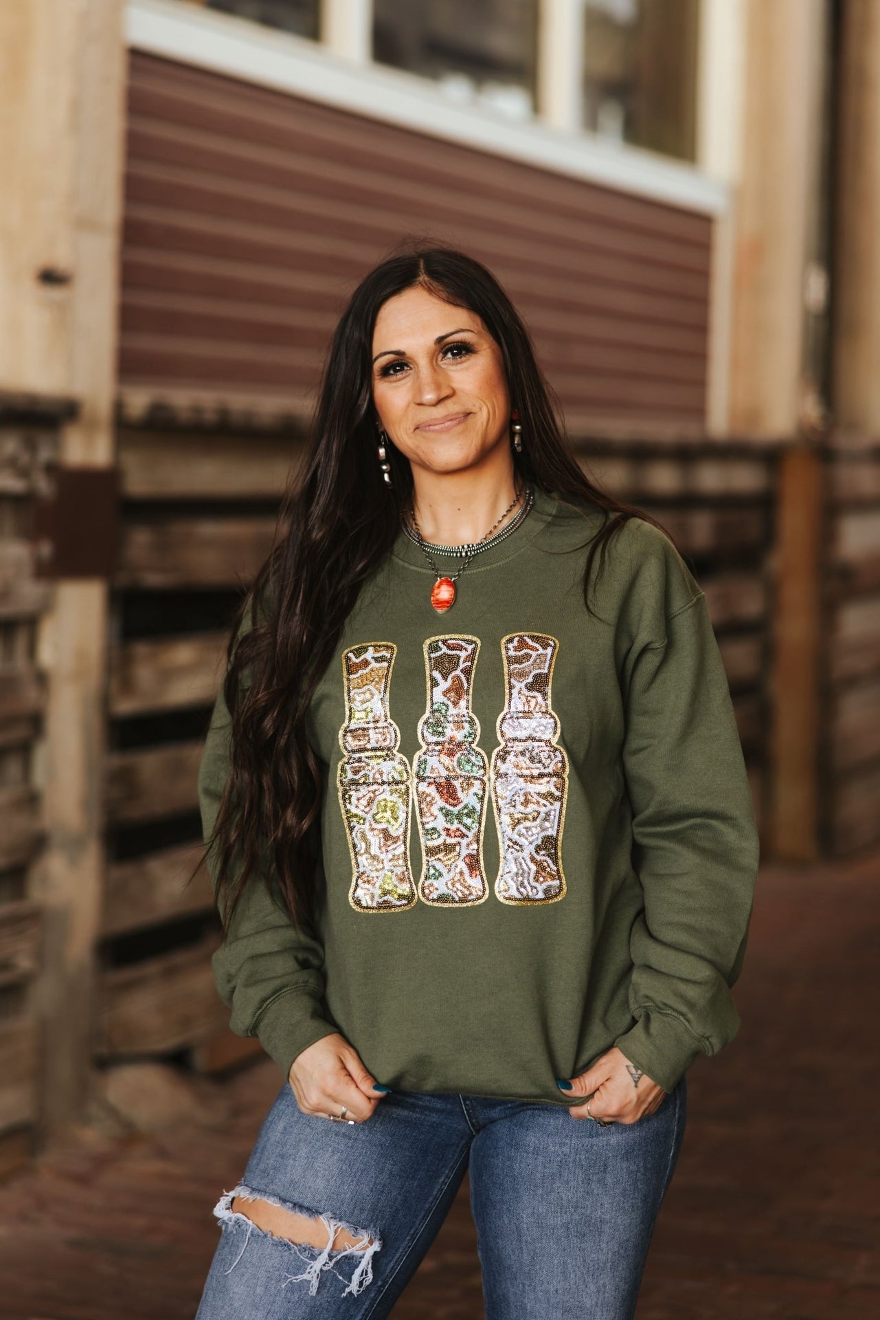 Sequin Hunting Duck Calls Patch SweaterMilitary GreenS