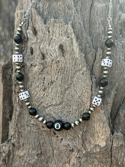 Sterling Silver Onyx 8 Ball and Dice Beaded Chain Necklace