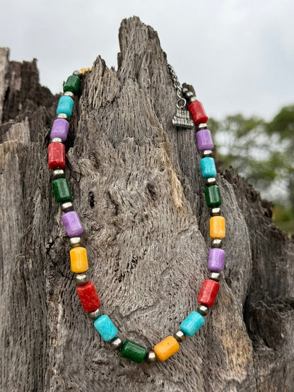 Sterling Silver Painted Desert Multicolor Barrel Beaded Necklace