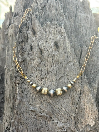 Sterling Silver Two-Tone Corrugated Beaded Paperclip Chain Necklace