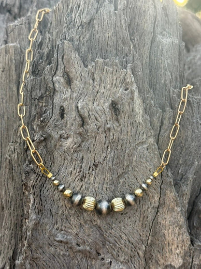Sterling Silver Two-Tone Corrugated Beaded Paperclip Chain Necklace