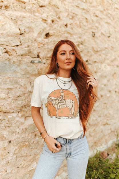 Sunset Cowgirl Rider Graphic TeeNaturalS
