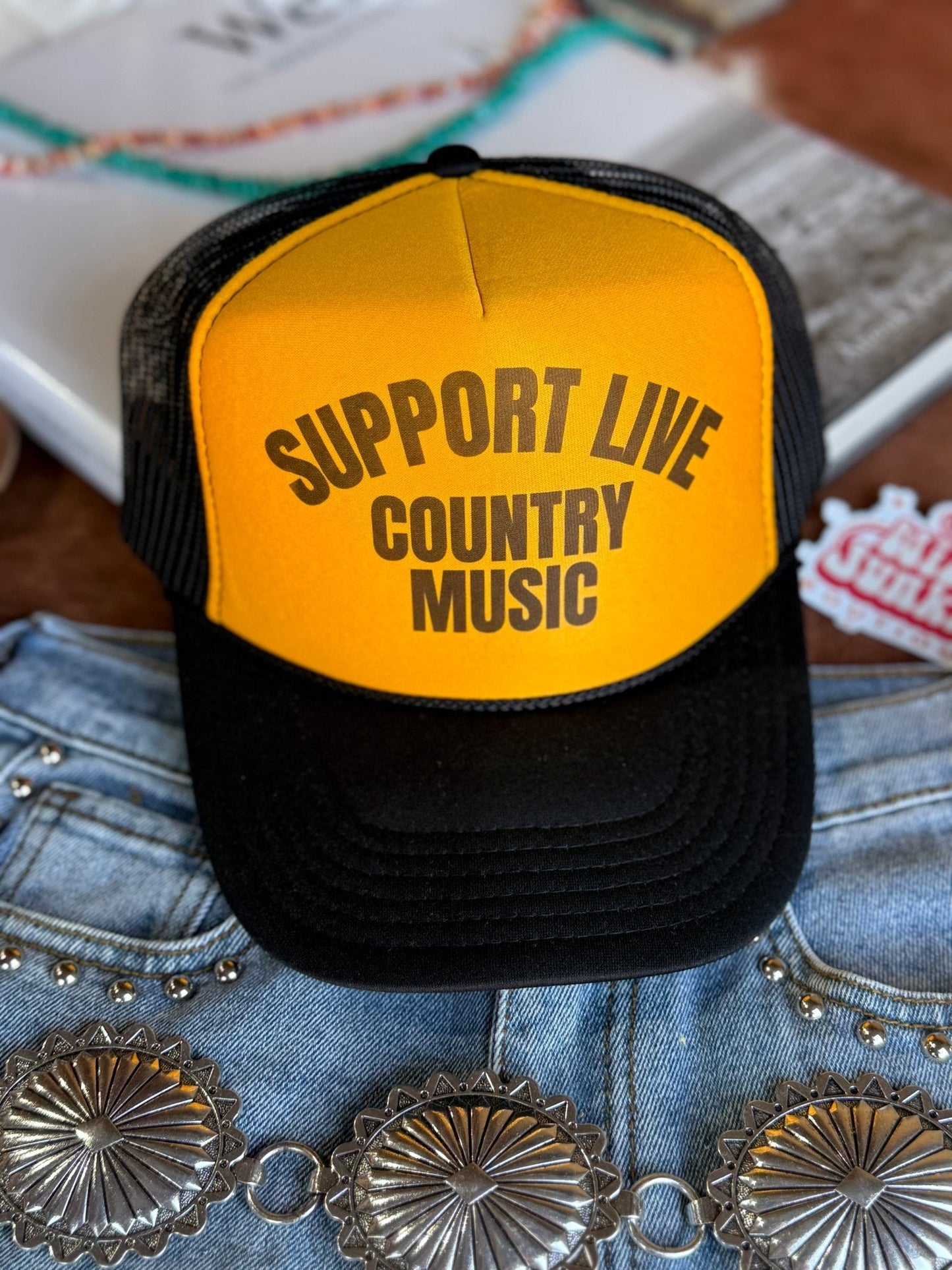 Support Live Country Music Trucker HatGold & Black