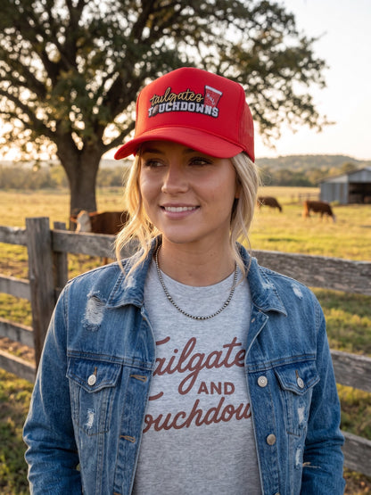 Tailgates and Touchdowns Sequin Patch Trucker HatRed